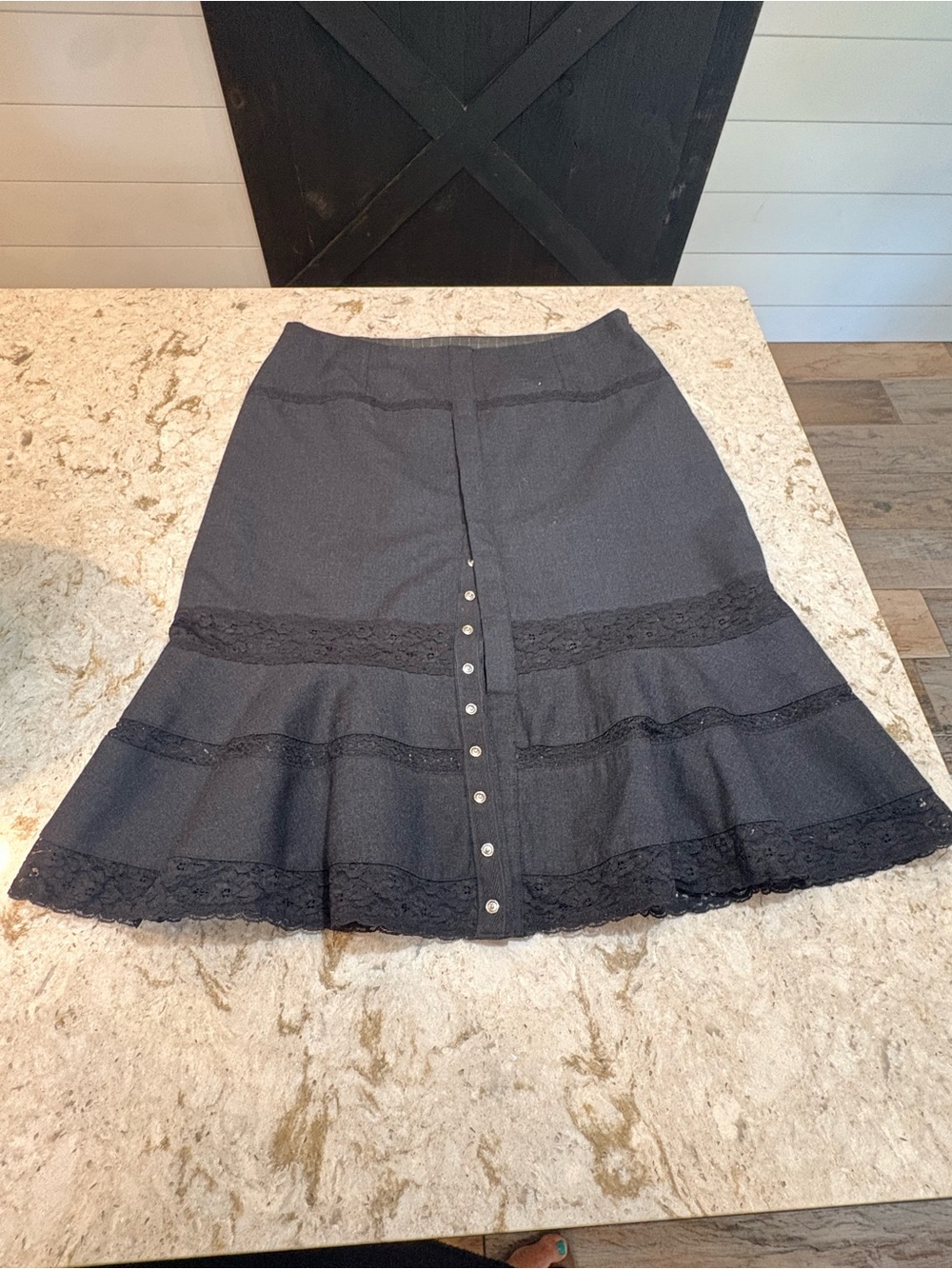 Free People Black Button-Front Lace Trim A-Line Skirt